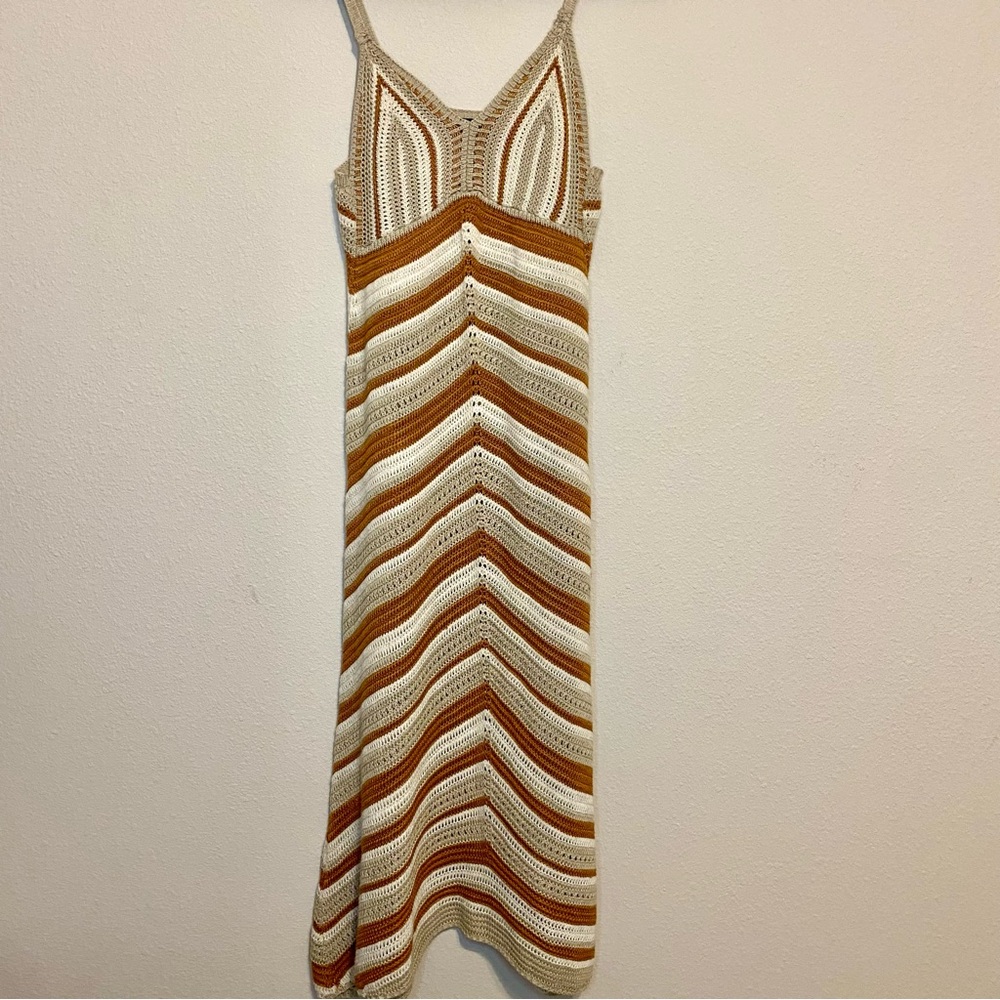 Nisan Turkish Crochet Maxi Dress Beige Strapless Size Small